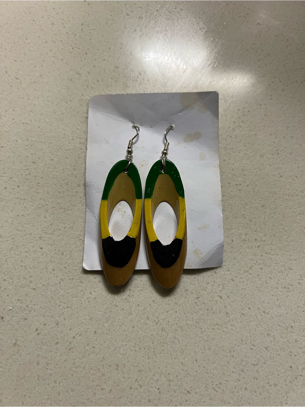 Jamaican Green, Yellow & Black Oval Drop Wooden Earrings